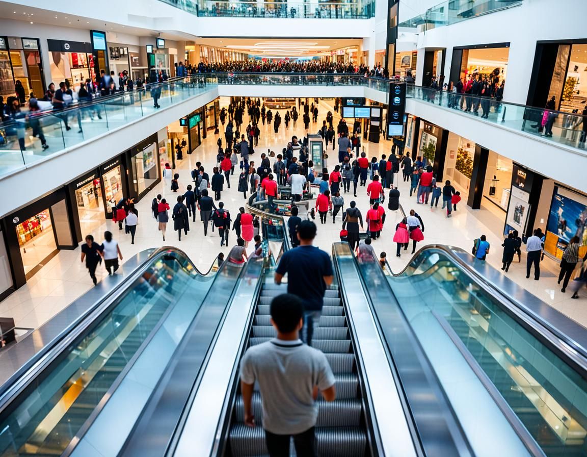 Escalator View Into Busy Shopping Mall