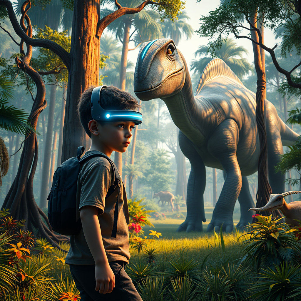Boy in VR Headset in Prehistoric Forest