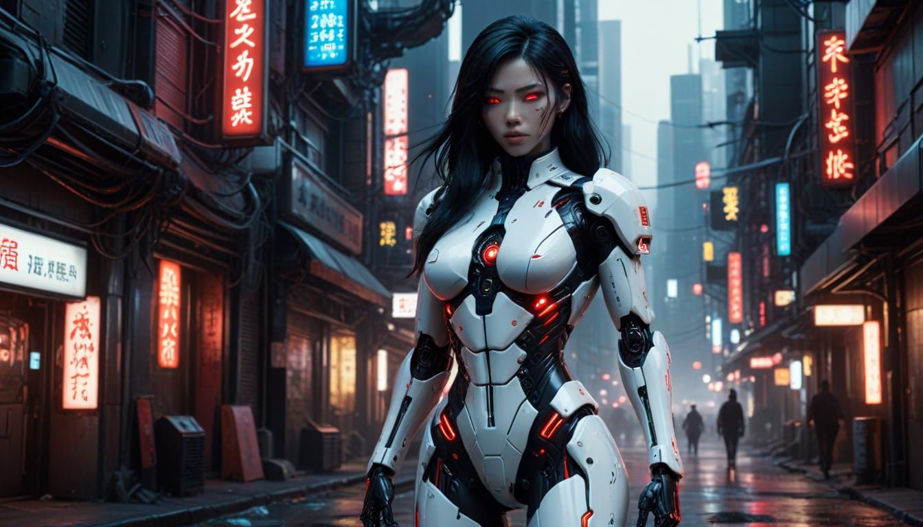 Hyperrealistic Cyberpunk Gynoid with Neon Glow