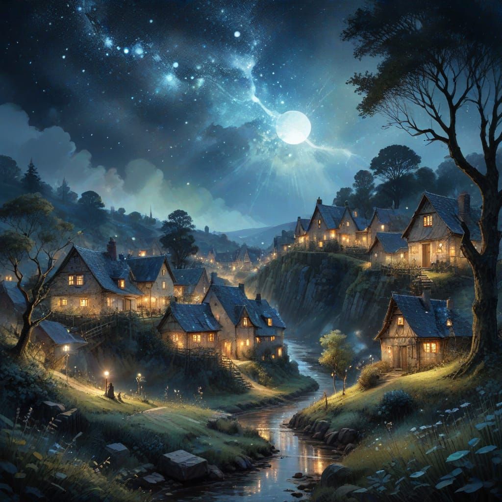 Intricate Countryside Village Under Starry Night Sky