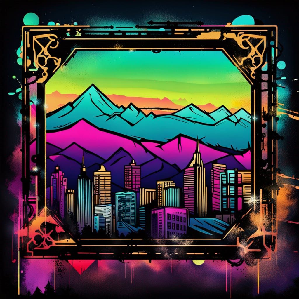 Neon Graffiti Mountain Skyline in Retro Style