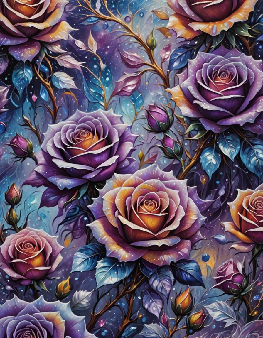 Frozen Galactic Roses in Cosmic Surrealism Style