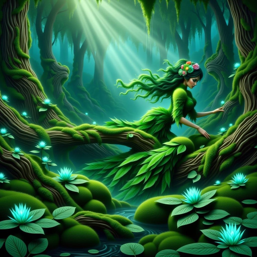 Art Nouveau Woman in Flowing Green Dress