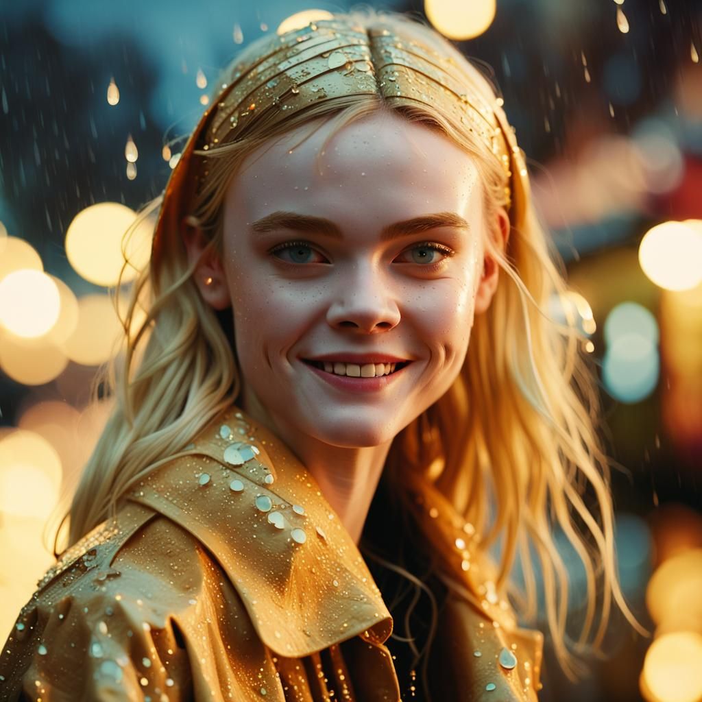 Elle Fanning Smiling in Rainy Cinematic Still