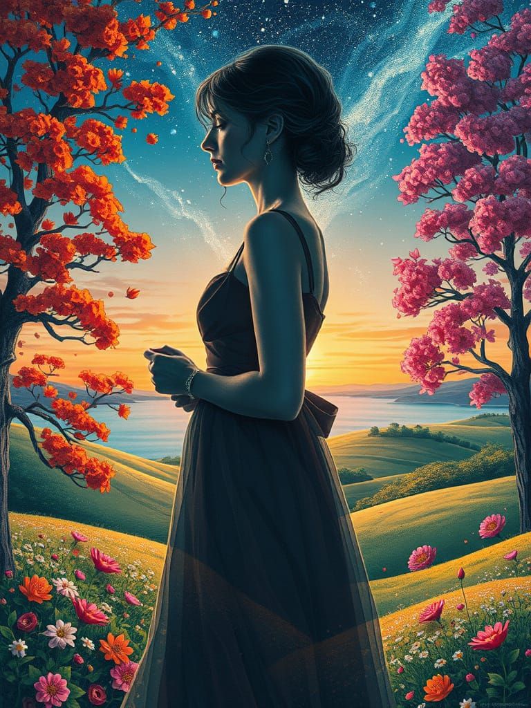 Woman in Silhouette with Double Exposure Nature Backdrop