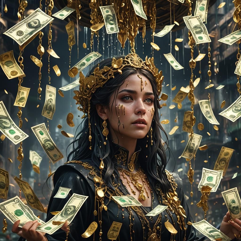Woman Dripping with Money: Detailed Matte Painting