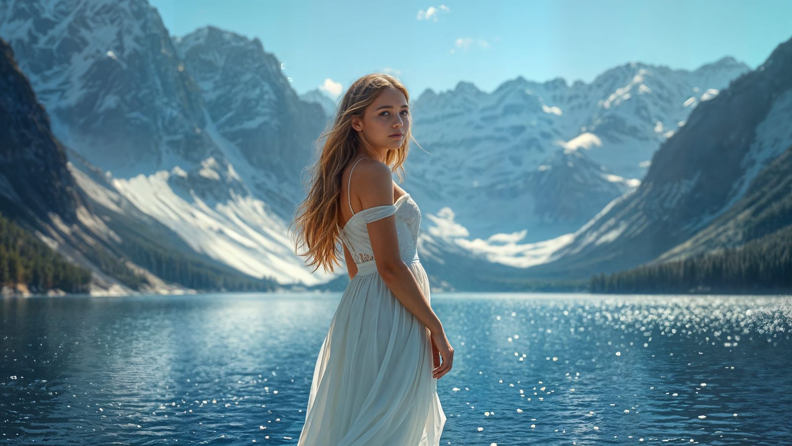 Girl in White Gown by Shimmering Lake