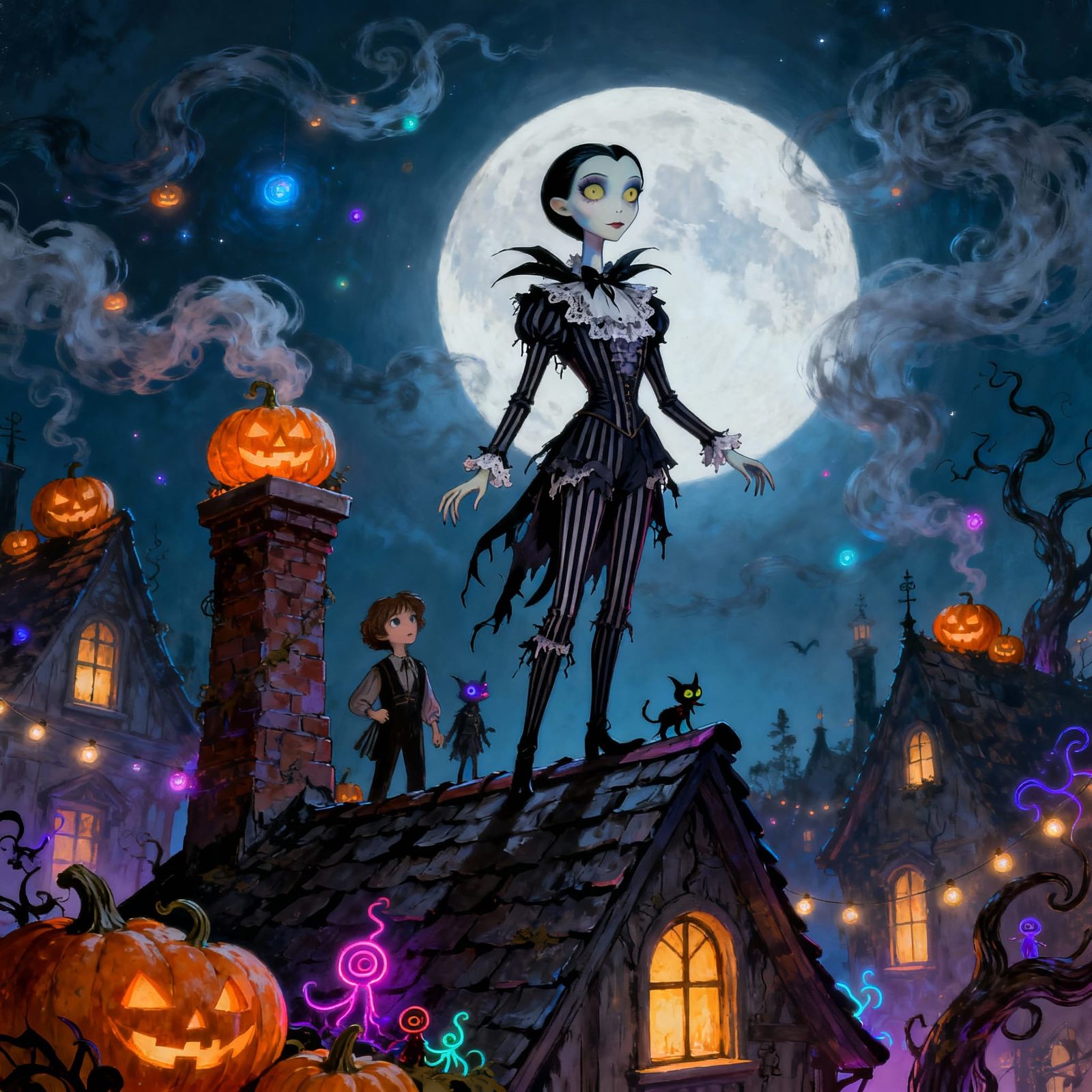 Whimsical Tim Burton-Inspired Halloween Character on Rooftop