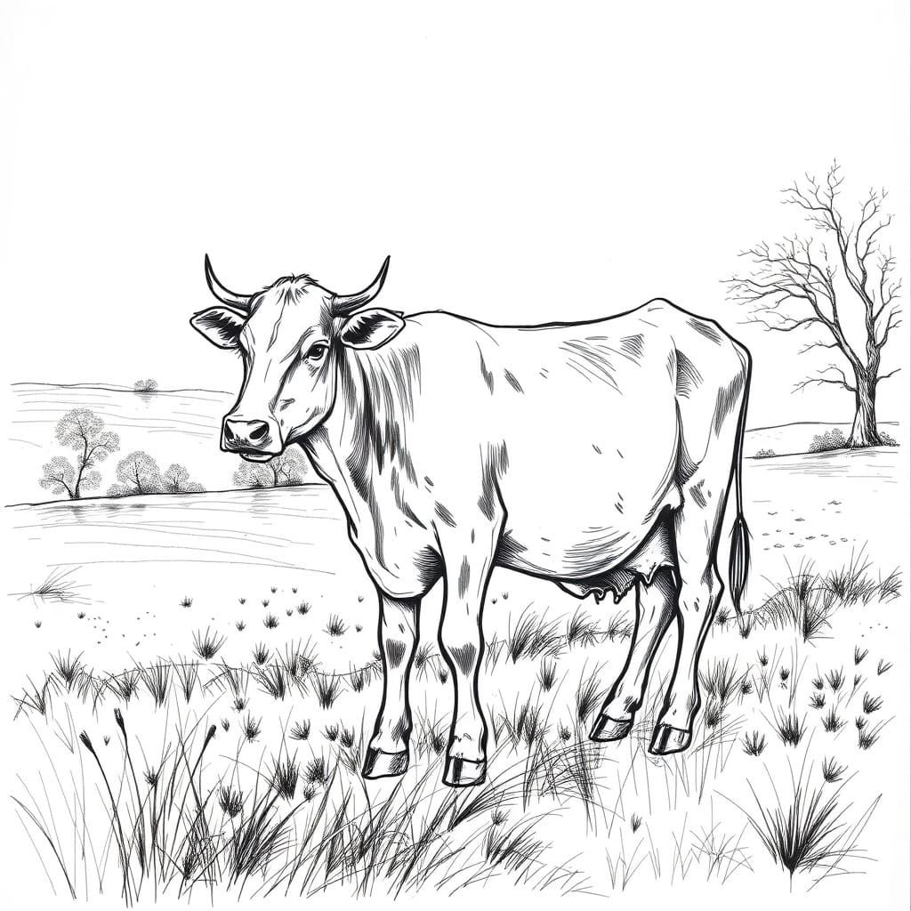 Cow Sketch in Pastoral Landscape