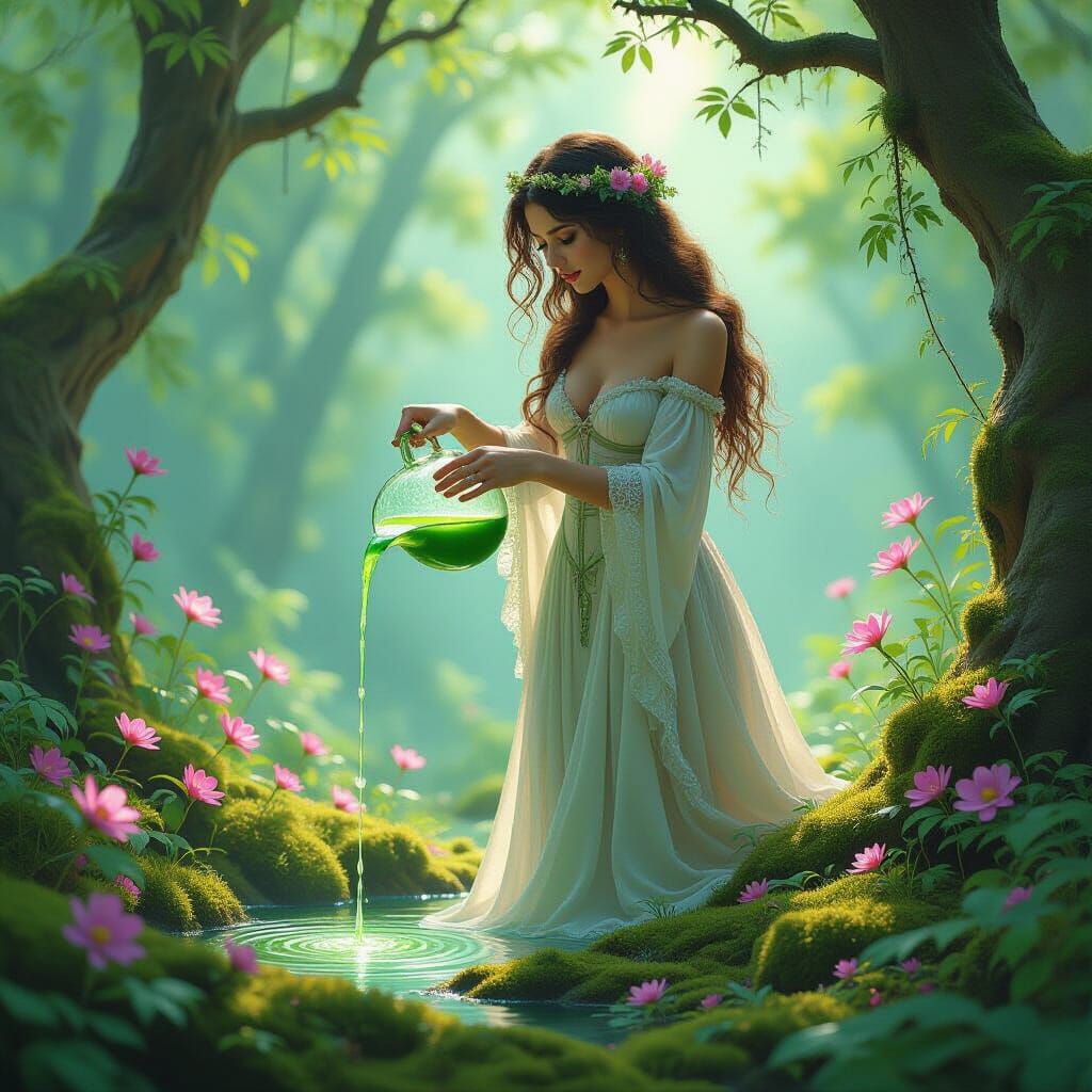 Dryad Witch Blooms Magical Flowers in Enchanted Forest
