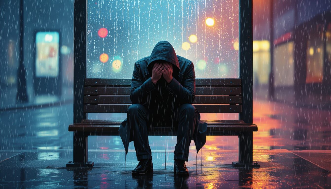 Dejected Man at Desolate Bus Stop in Downpour