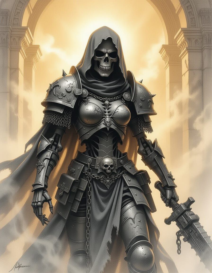 Skeletal Undead Warrior in Charcoal Drawing Style