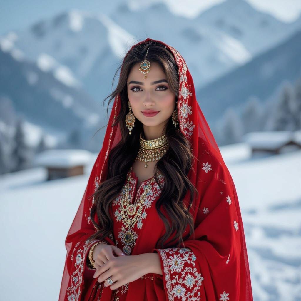 Girl in Red Pheran, Snowy Kashmir Landscape