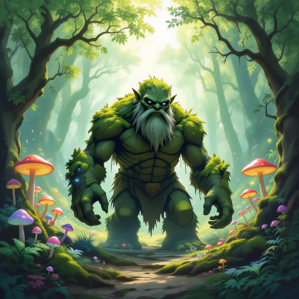 Moss Golem Awakens in Enchanted Forest Clearing