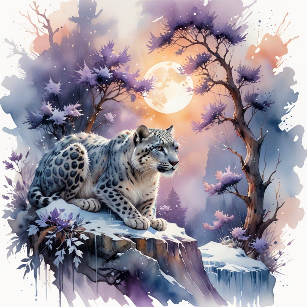 Snow Leopard in Watercolor with Ink Washes