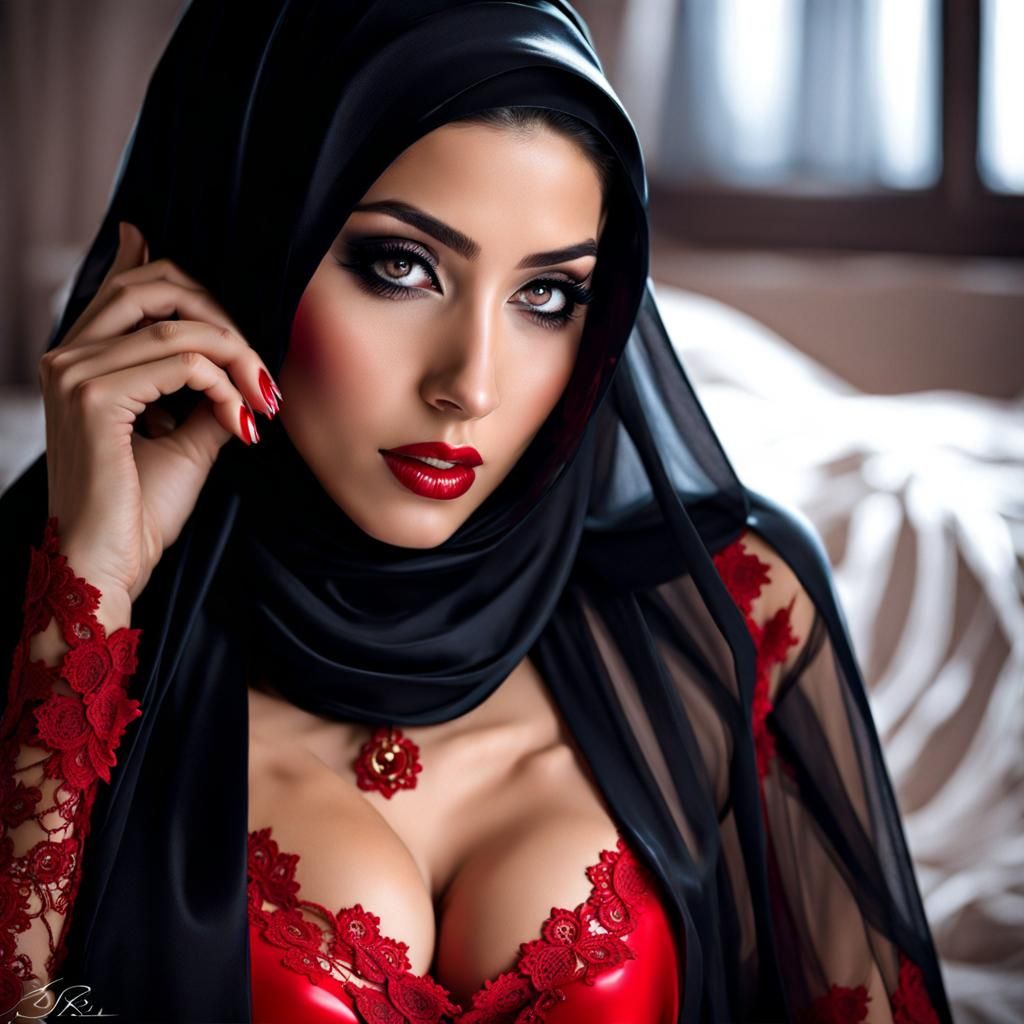 Pretty Libyan Woman in Red Latex Lingerie
