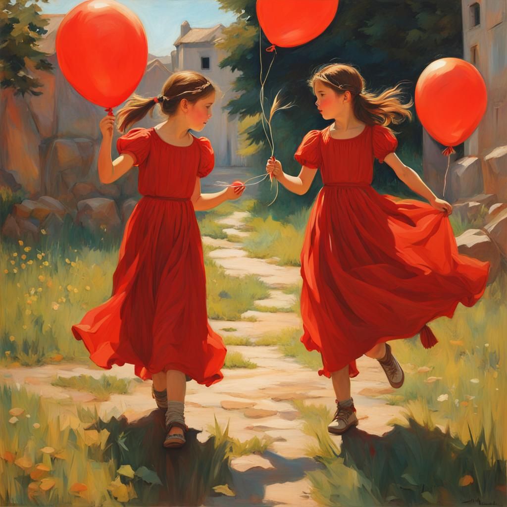 Sisters with Red Balloons, Waterhouse Style Anime