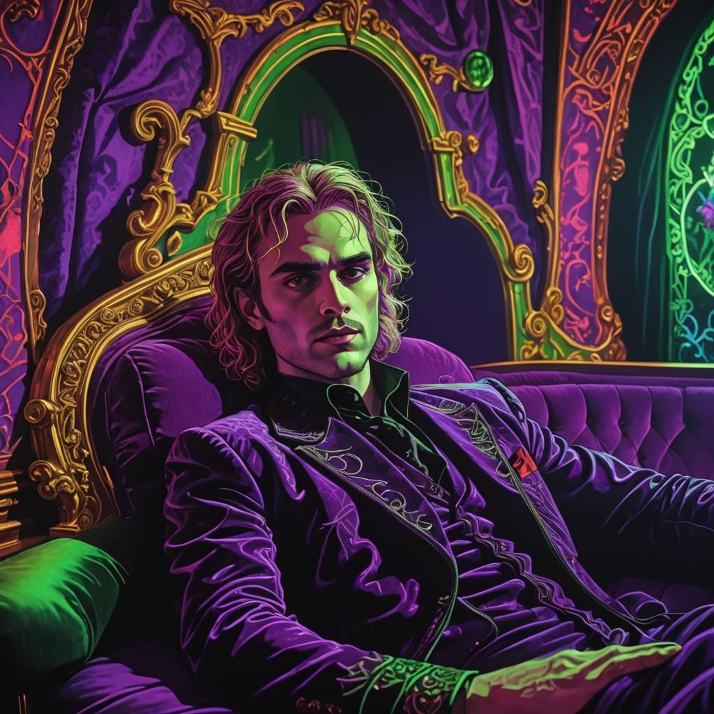 Vampire Lounging in Neon Gothic Chamber, Synthwave Art