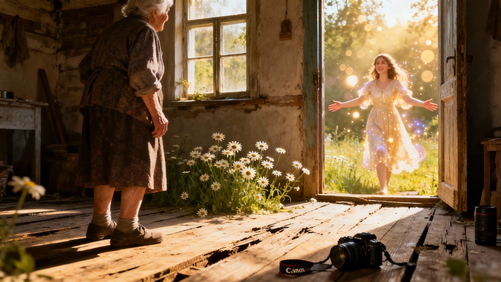 Elderly Person in Sunlit Village House Beckoned by Young Mot...