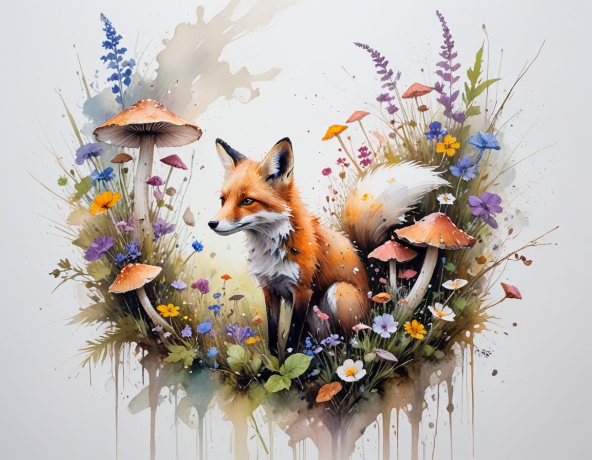 Whimsical Fox in Wildflower Mushroom Forest