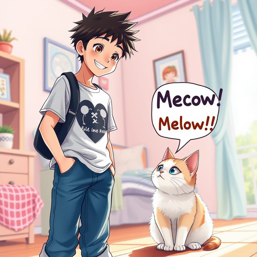 Tall Boy Admires Cute Anime Cat in Cozy Pastel Room