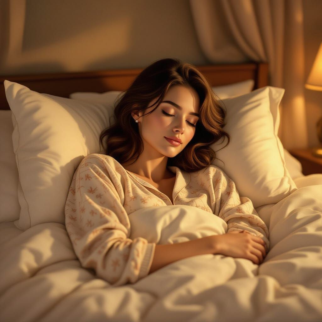 Peaceful Slumber: Woman in Cozy Bed, Digital Art