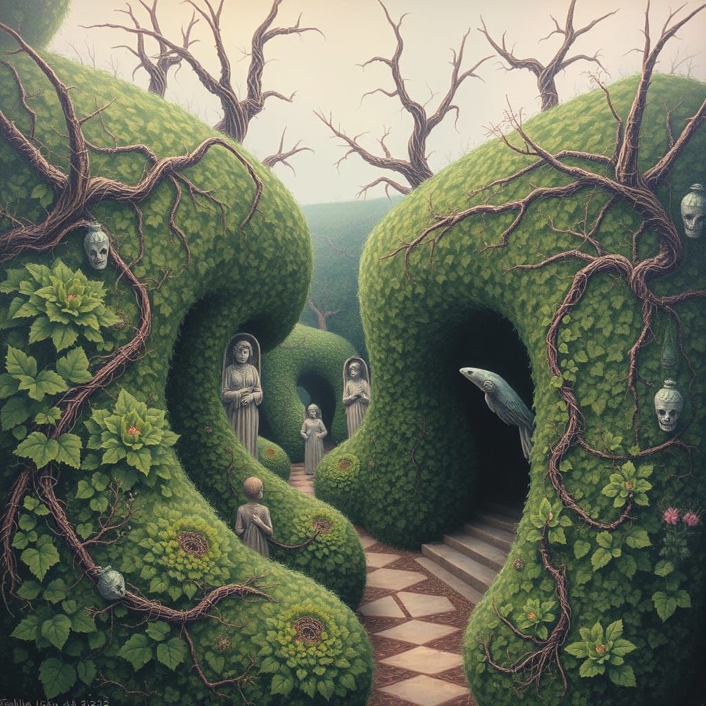 Surreal Hedge Maze Oil Painting with Hidden Statues