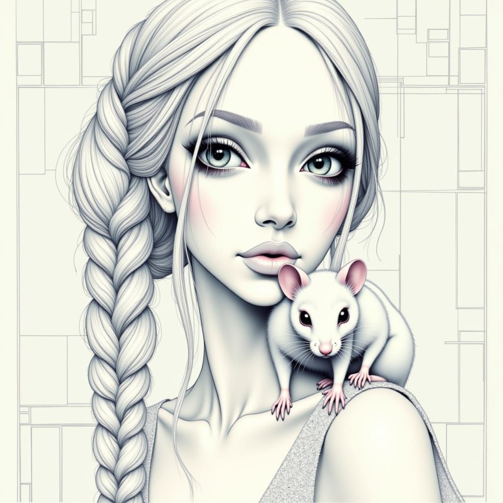 Woman with Rat on Shoulder in Rough Schematic Style
