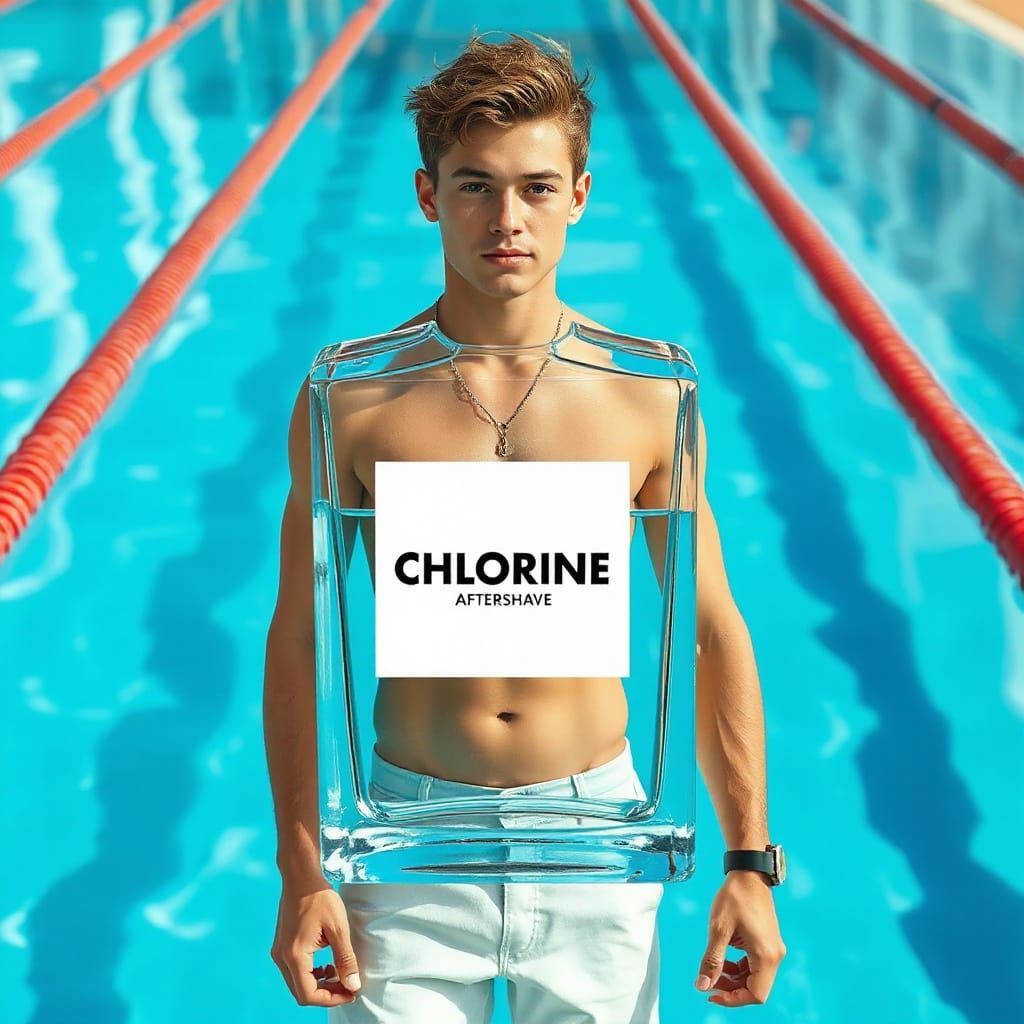 Man Beside Oversized Aftershave Bottle in Vibrant Pool Lanes