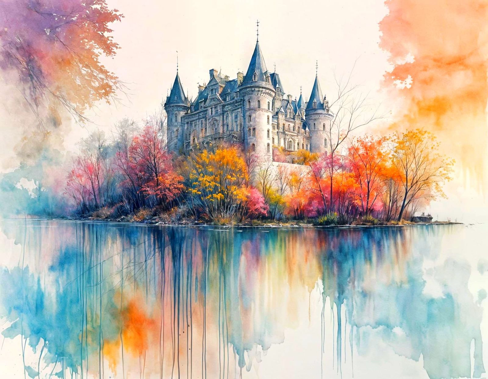 Castle by River at Sunrise in Oil Paint
