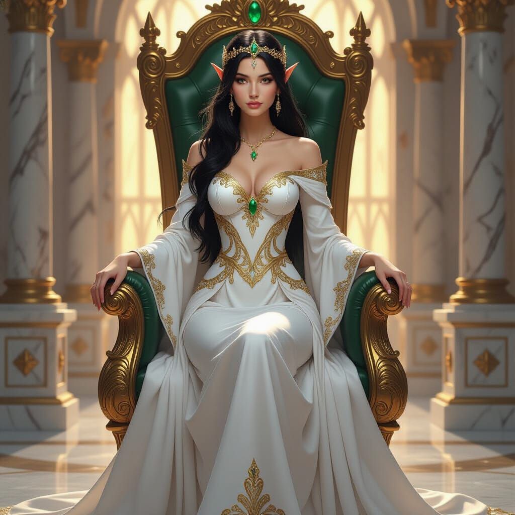 Elven Queen in Opulent Throne Room, Fantasy Art