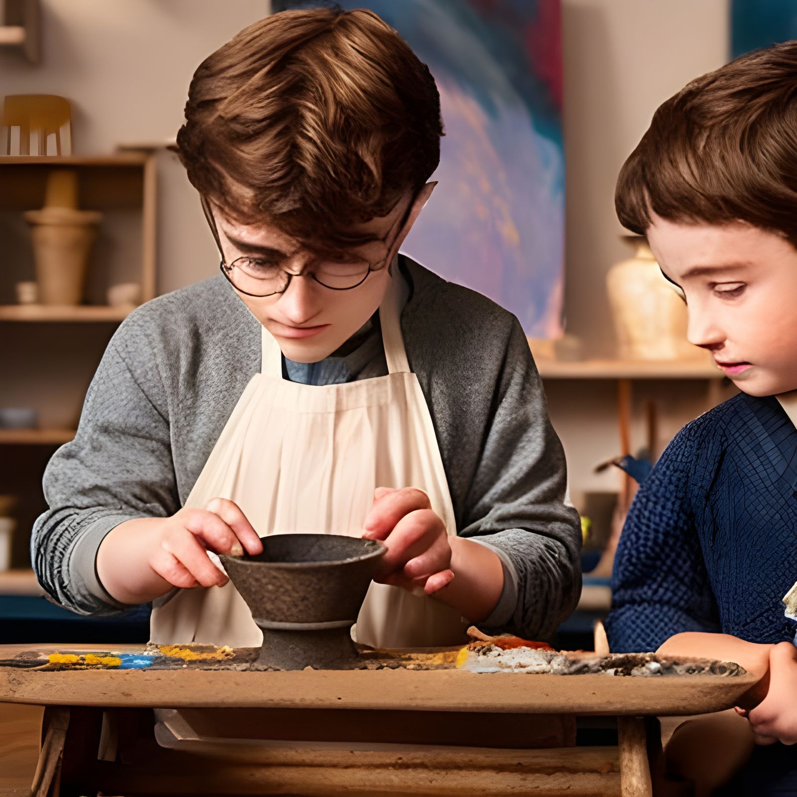 Young Man Creating Pottery: Digital Art Close-Up