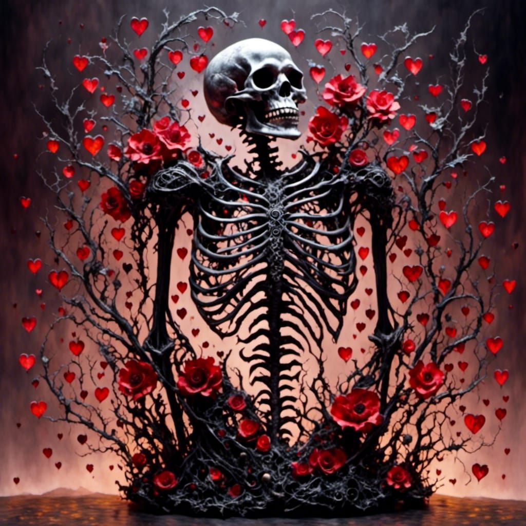 Crystal Skeleton with Ruby Heart in Zentangle Style