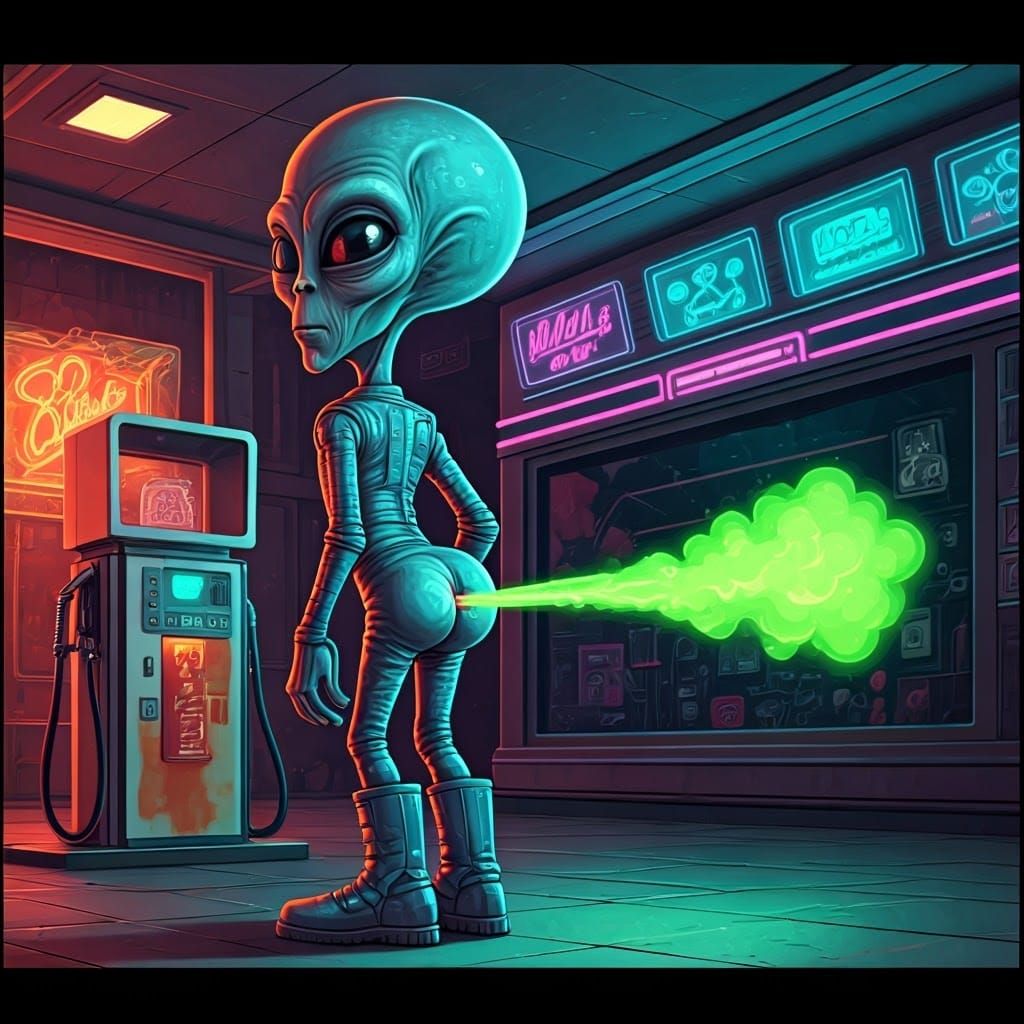 Humorous Alien Farting in Retro-Futuristic Gas Station