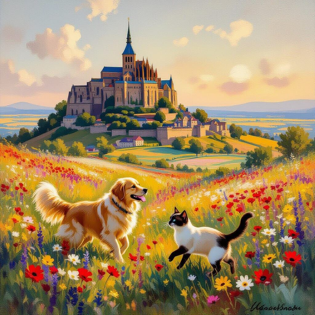 Medieval Castle Overlooking Flower Fields With Dog and Cat