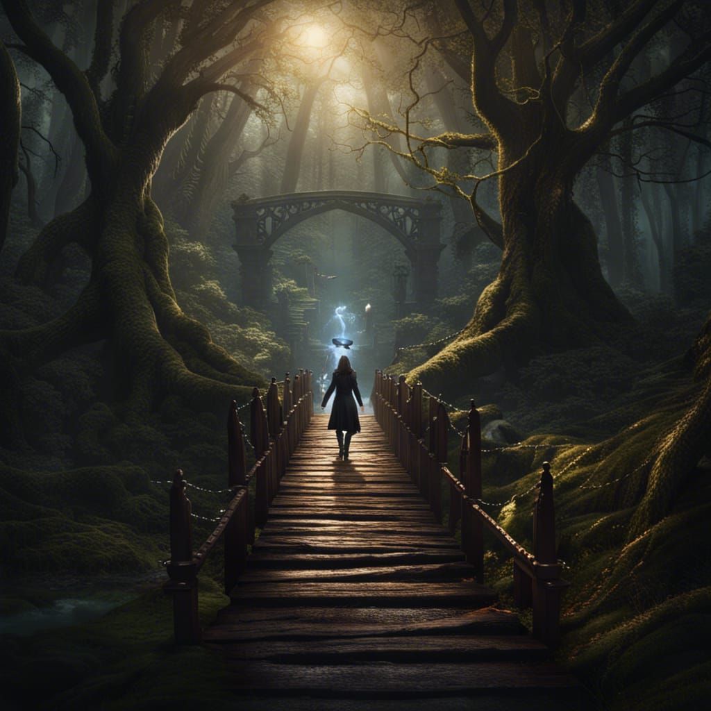 Magician's Duel on Forest Bridge: Dark Fantasy Art