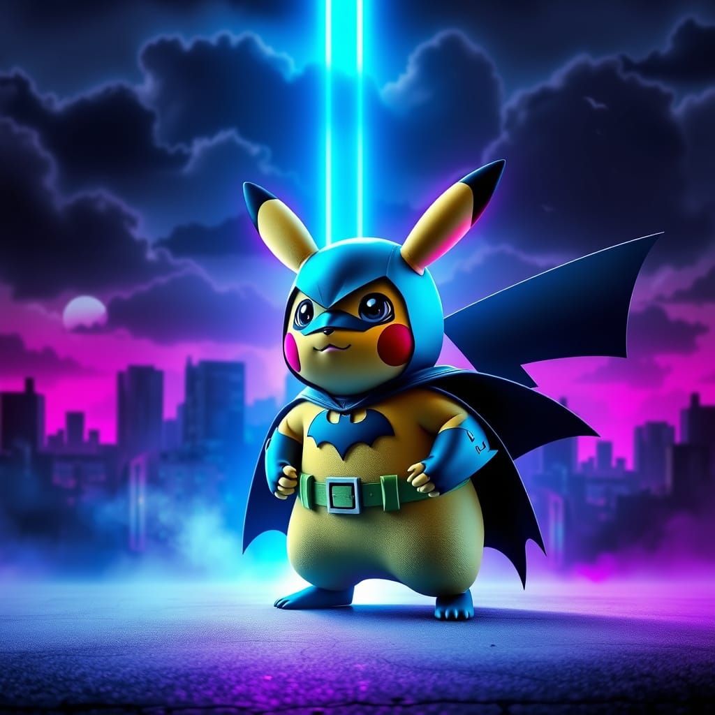 Epic Neon Hero: Pikachu in Futuristic Batman Gear