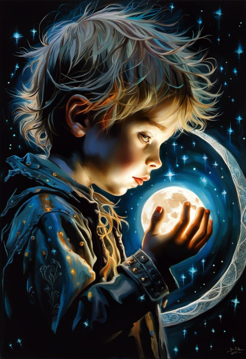Child Holds Moon in Burtonesque Night Scene