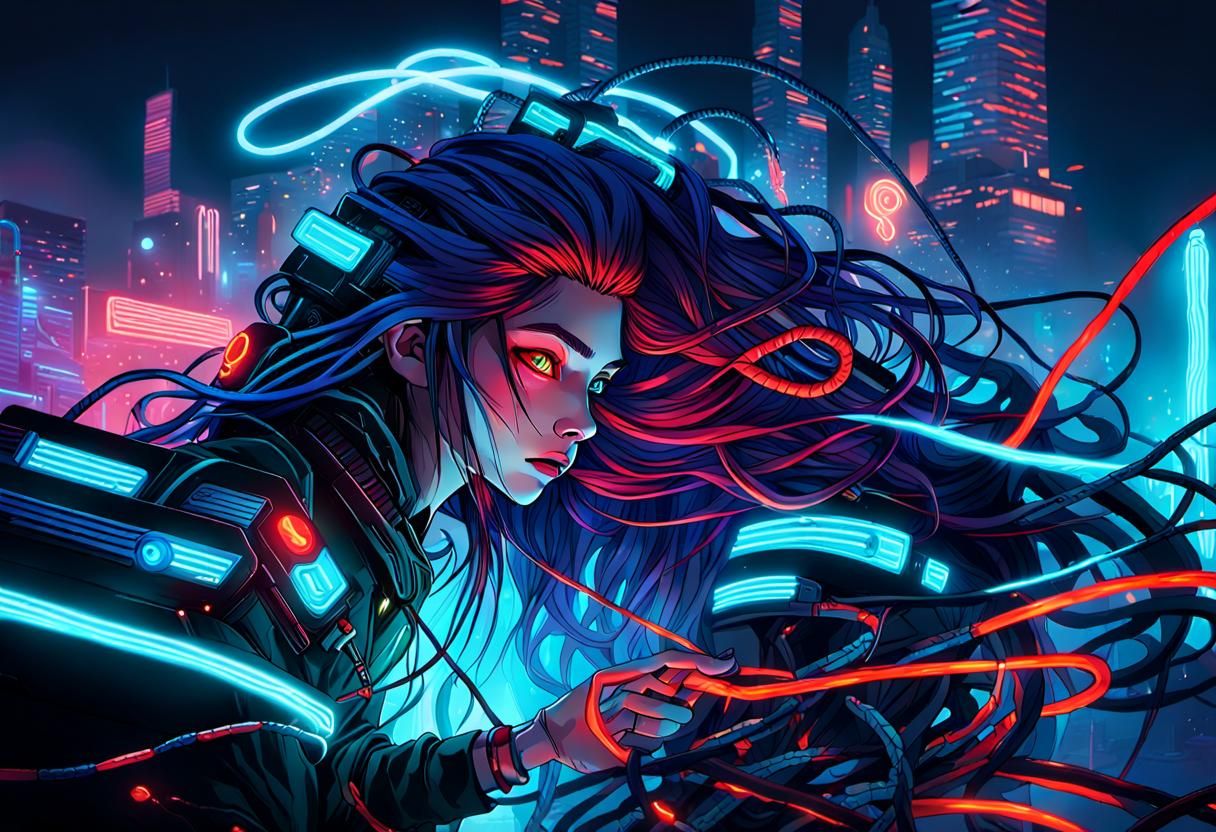 Cyberpunk Woman with Charging Cord Hair: Digital Art