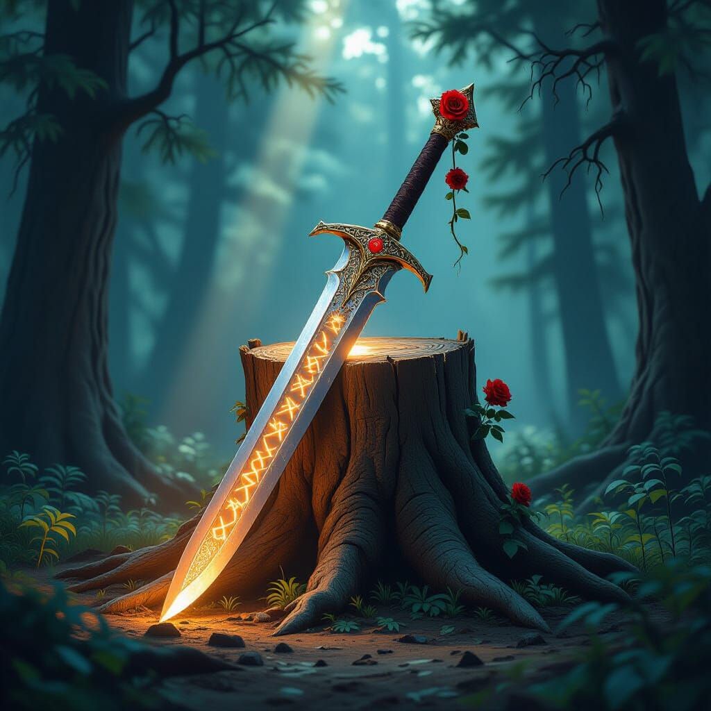Gnarled Stump Sword Rose Sunlight in Fantasy Style