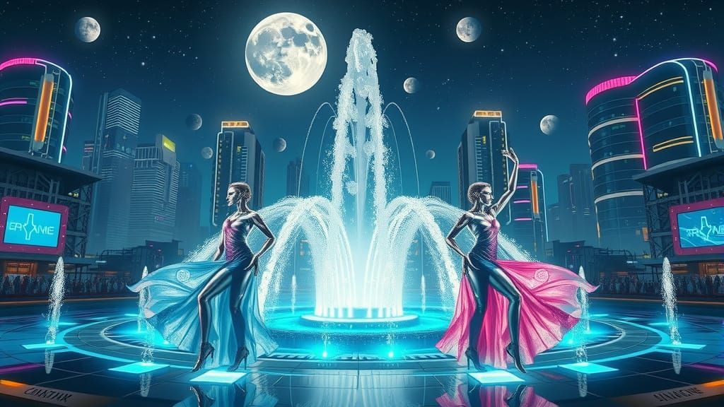 Dazzling Futuristic Cityscape with Dancing Robots