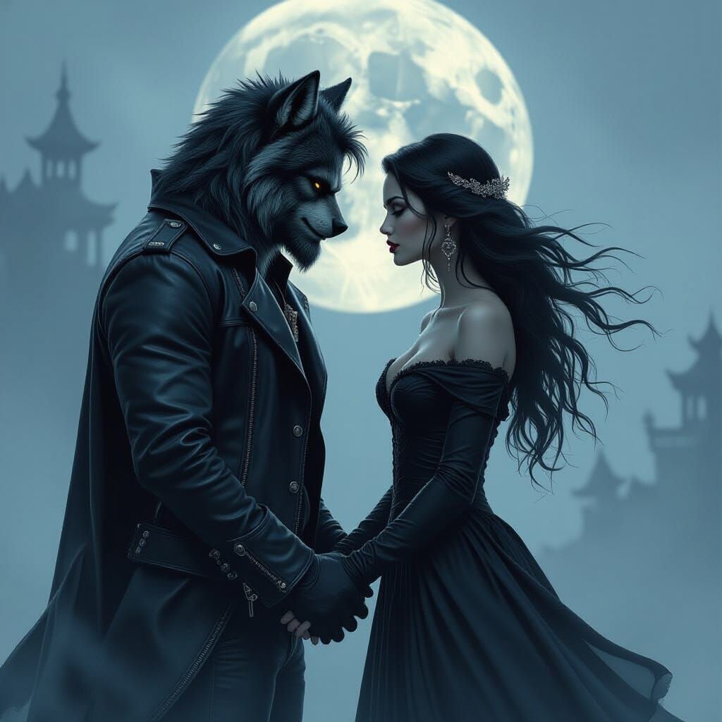 Werewolf and Vampire Love in Fantasy Art Style