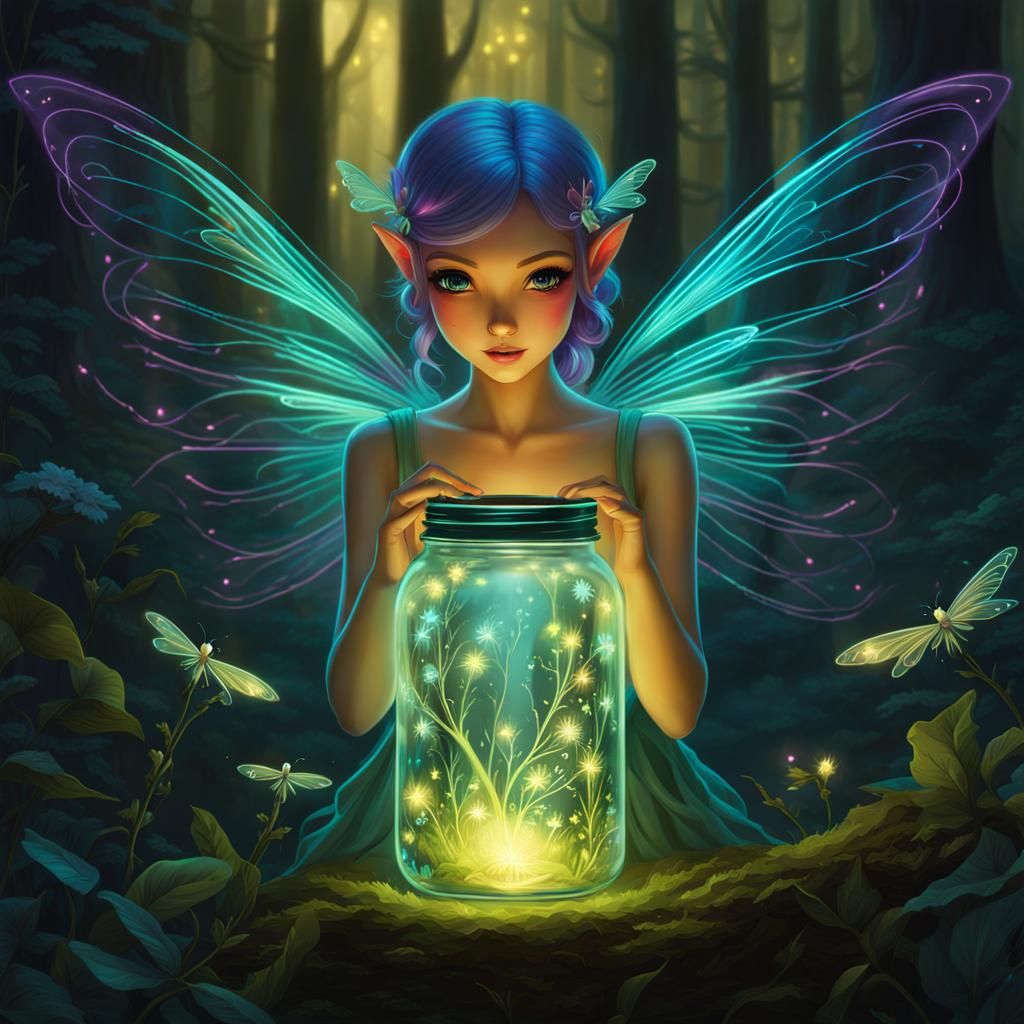 Neon Fairy with Fireflies in Eldritch Forest