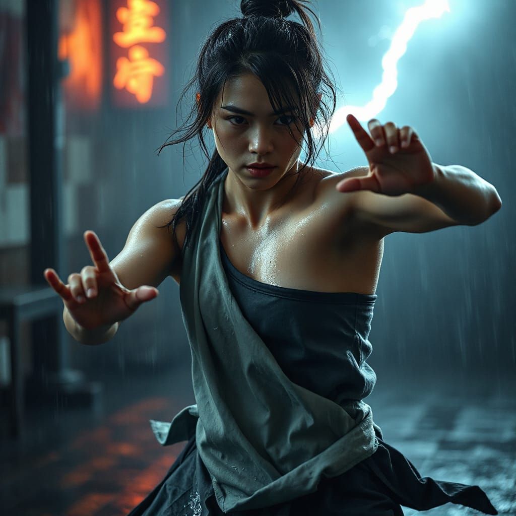 Martial Artist in Rain: Photorealistic Sensual Energy