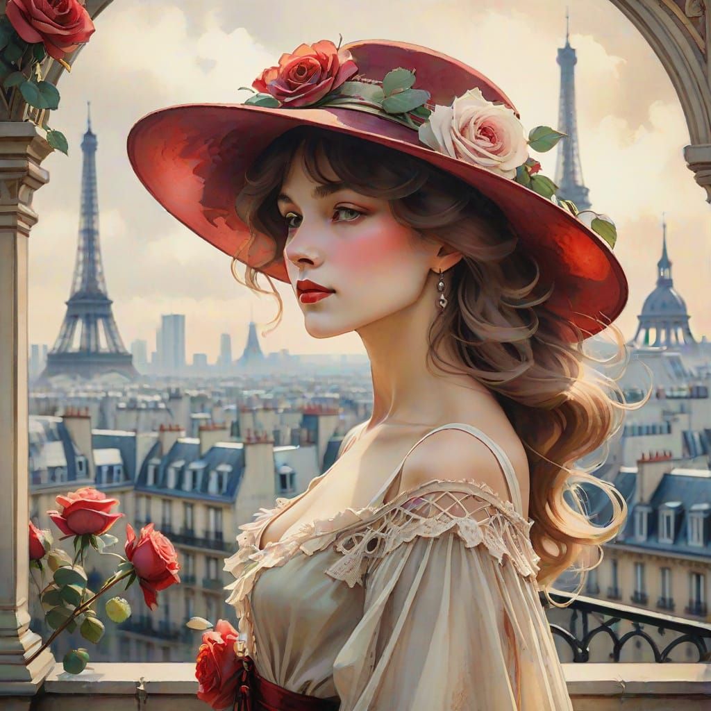 Art Nouveau Woman with Roses in Paris