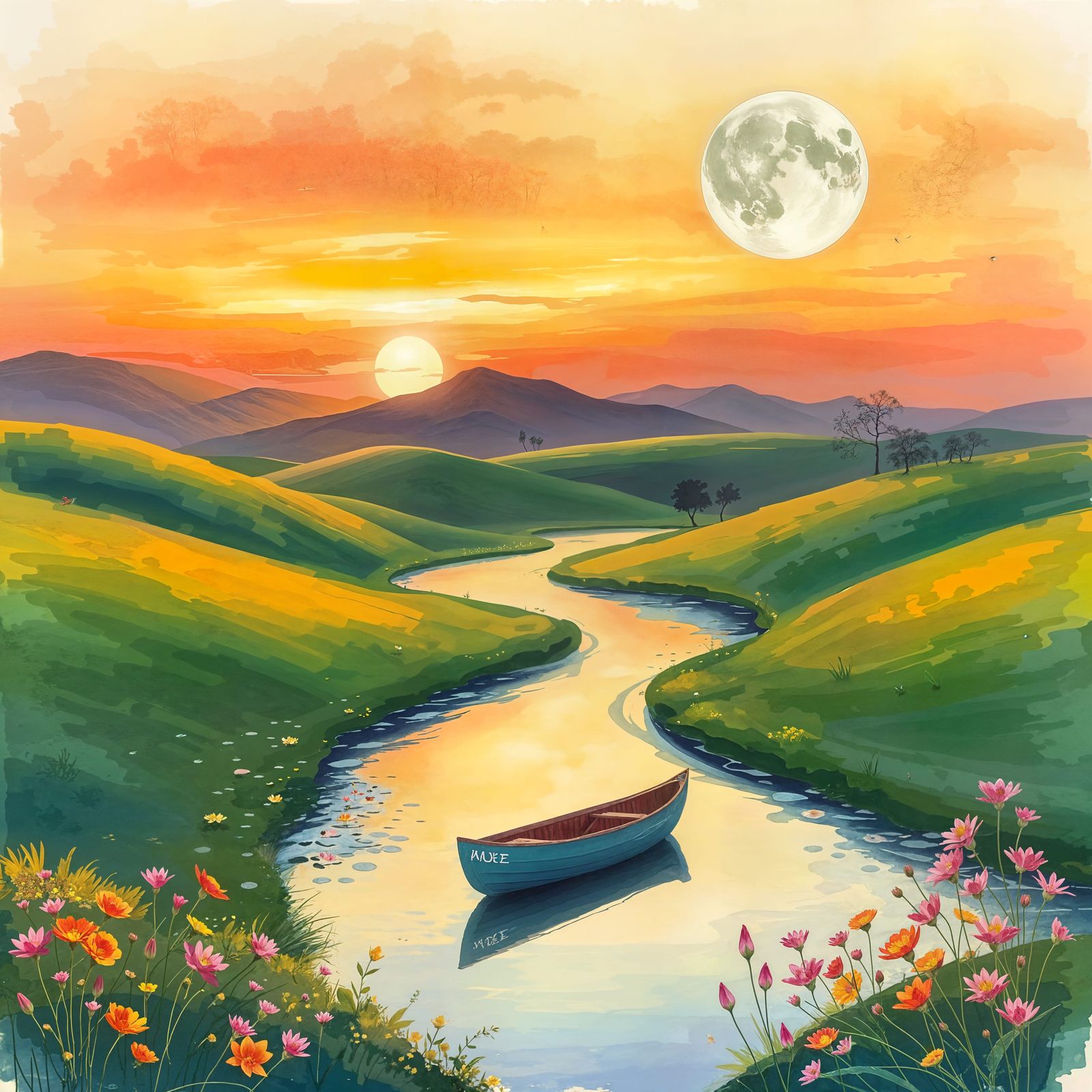 Tranquil Sunset Retreat in Vibrant Watercolors