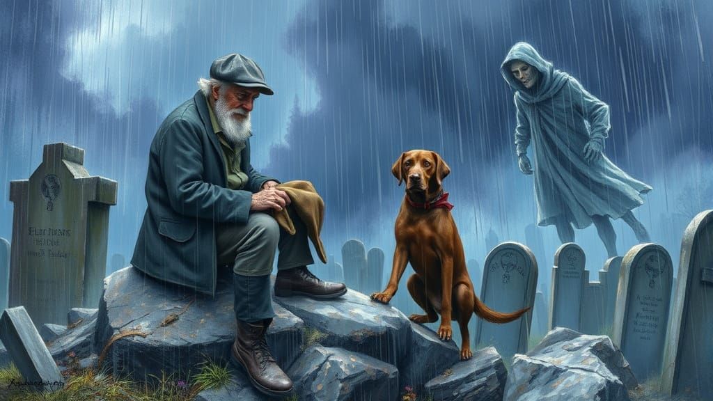 Fisherman's Ghost in Graveyard, Arthur Rackham Style