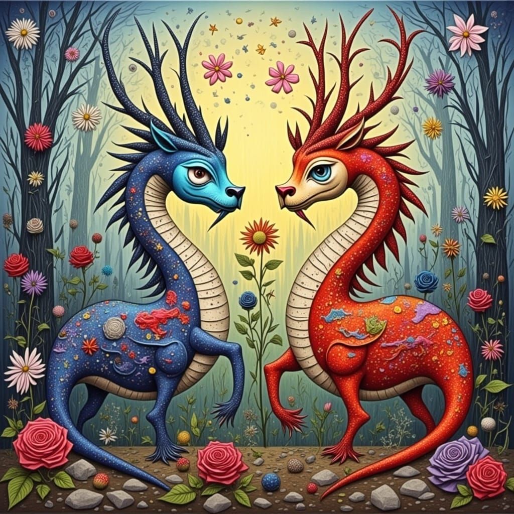 Whimsical Surrealist Puzzle Scene in Art Nouveau Style