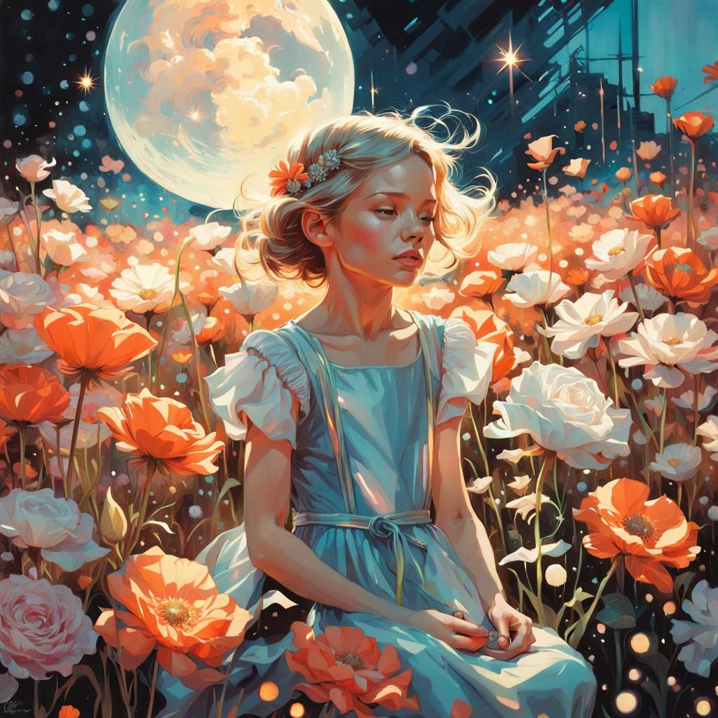 Dreamy Iridescent Flowers in a Celestial Field