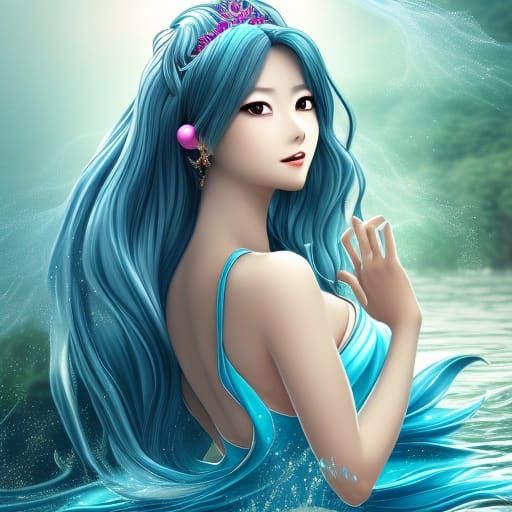 Anime Water Goddess in Flowing Silk Dress